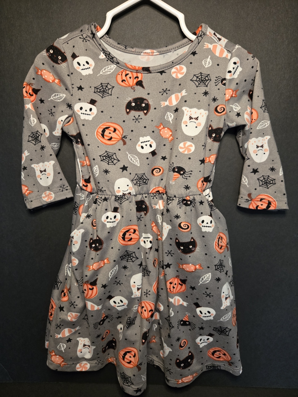 Girls' Halloween Print Long Sleeve Dress - Gray & Orange